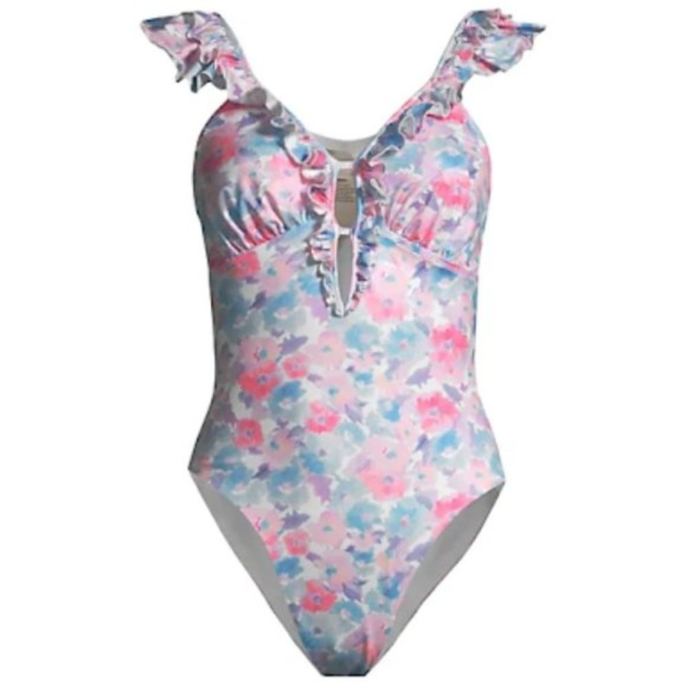 NWT Love Shack Fancy Tibbie One-Piece Swimsuit Cayman Blue Sunrise Floral M